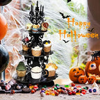 3-Tier Halloween Cupcake Stand Gothic Skull Candelabra with Web in Black, alternate view 4