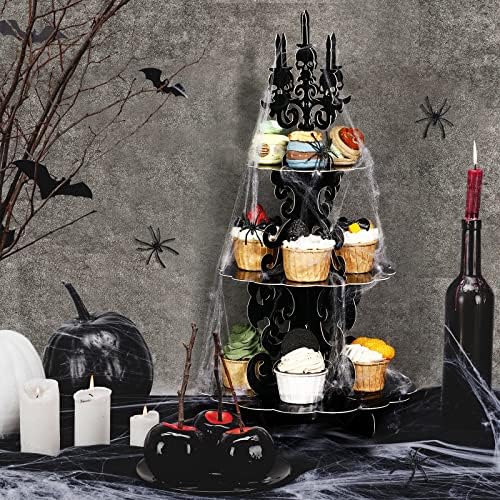 3-Tier Halloween Cupcake Stand Gothic Skull Candelabra with Web in Black, alternate view 5