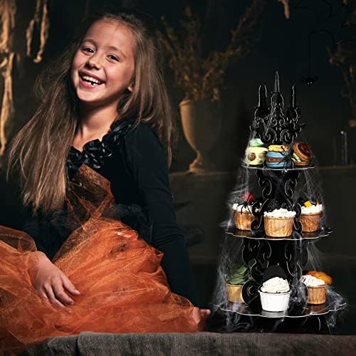 3-Tier Halloween Cupcake Stand Gothic Skull Candelabra with Web in Black, alternate view 6