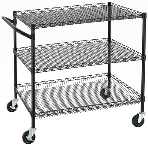 3 Tier Heavy Duty Commercial Grade Utility Cart, Wire Rolling Cart with Handle Bar, Steel Service Cart with