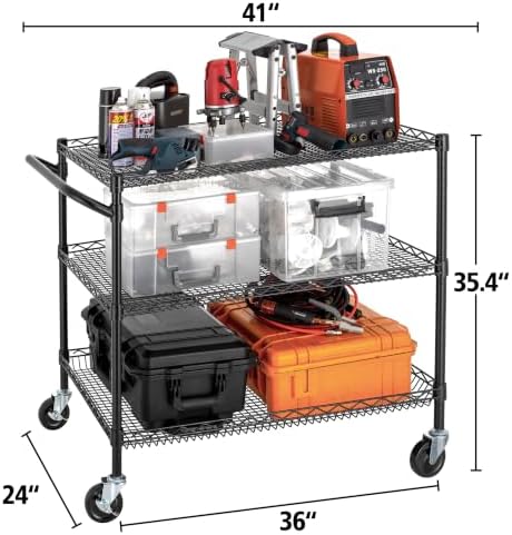 3 Tier Heavy Duty Commercial Grade Utility Cart, Wire Rolling Cart with Handle Bar, Steel Service Cart with, alternate view 2