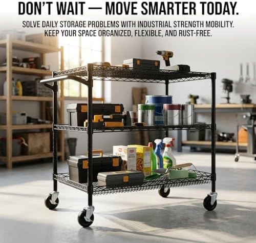 3 Tier Heavy Duty Commercial Grade Utility Cart, Wire Rolling Metal Trolley with Handle Bar, Steel Kitchen, alternate view 5