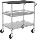 3 Tier Heavy Duty Commercial Grade Utility Cart with Wood Top, Wire Rolling Cart with Handle Bar, Steel Service