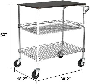 3 Tier Heavy Duty Commercial Grade Utility Cart with Wood Top, Wire Rolling Cart with Handle Bar, Steel Service, alternate