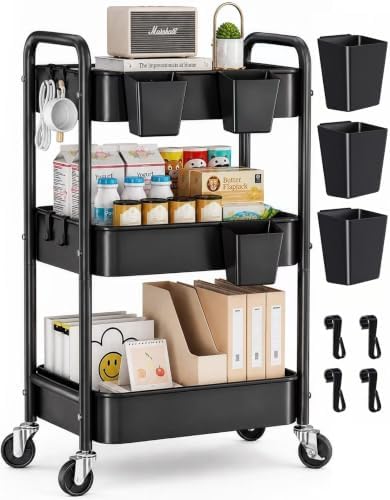 3 Tier Heavy Duty Metal Rolling Storage Cart Organizer with Wheels, Black in Black