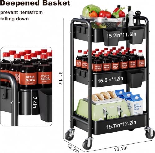 3 Tier Heavy Duty Metal Rolling Storage Cart Organizer with Wheels, Black in Black, alternate view 2