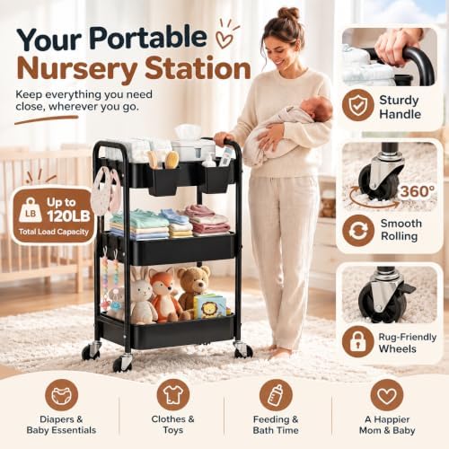 3 Tier Heavy Duty Metal Rolling Storage Cart Organizer with Wheels, Black in Black, alternate view 3