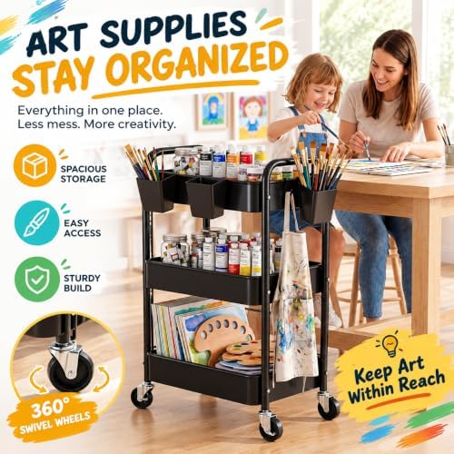 3 Tier Heavy Duty Metal Rolling Storage Cart Organizer with Wheels, Black in Black, alternate view 4