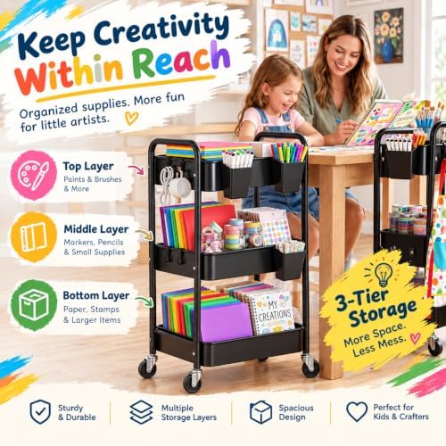 3 Tier Heavy Duty Metal Rolling Storage Cart Organizer with Wheels, Black in Black, alternate view 5