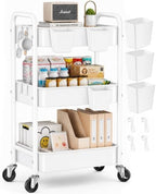 3 Tier Heavy Duty Metal Rolling Storage Cart Organizer with Wheels, White in White