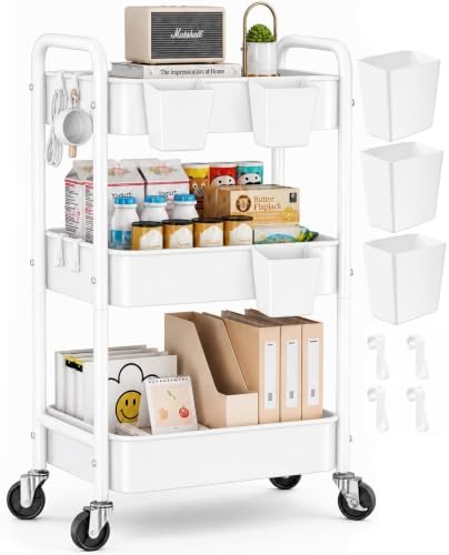 3 Tier Heavy Duty Metal Rolling Storage Cart Organizer with Wheels, White in White