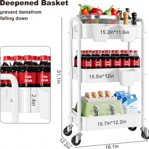 3 Tier Heavy Duty Metal Rolling Storage Cart Organizer with Wheels, White in White, alternate view 2