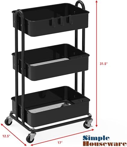3-Tier Heavy Duty Metal Utility Rolling Cart, Black in Black, alternate view 3