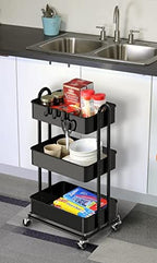 3-Tier Heavy Duty Metal Utility Rolling Cart, Black in Black, alternate view 6