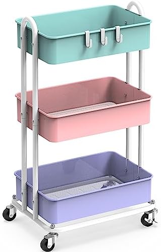 3-Tier Heavy Duty Metal Utility Rolling Cart, Multicolor