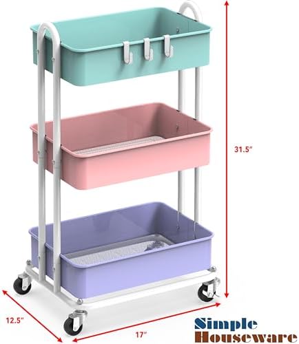 3-Tier Heavy Duty Metal Utility Rolling Cart, Multicolor, alternate view 3