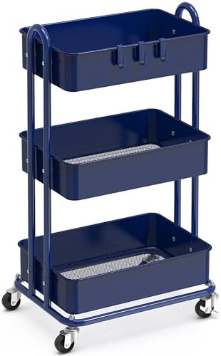 3-Tier Heavy Duty Metal Utility Rolling Cart, Navy