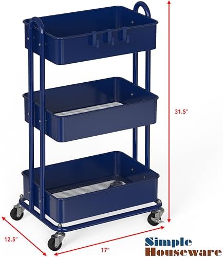 3-Tier Heavy Duty Metal Utility Rolling Cart, Navy, alternate view 3