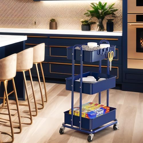 3-Tier Heavy Duty Metal Utility Rolling Cart, Navy, alternate view 4