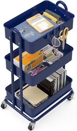 3-Tier Heavy Duty Metal Utility Rolling Cart, Navy, alternate view 5