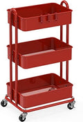 3-Tier Heavy Duty Metal Utility Rolling Cart, Red in Red