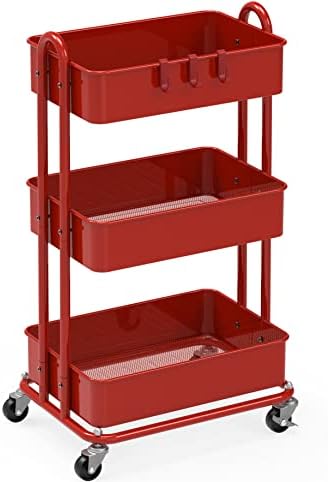 3-Tier Heavy Duty Metal Utility Rolling Cart, Red in Red