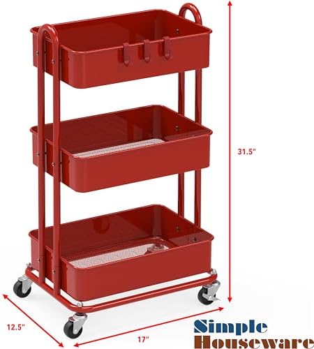 3-Tier Heavy Duty Metal Utility Rolling Cart, Red in Red, alternate view 3