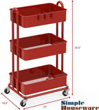 3-Tier Heavy Duty Metal Utility Rolling Cart, Red in Red, alternate view 3
