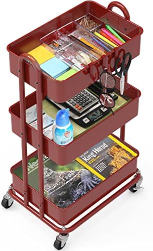3-Tier Heavy Duty Metal Utility Rolling Cart, Red in Red, alternate view 4