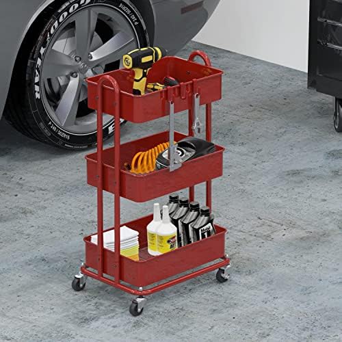 3-Tier Heavy Duty Metal Utility Rolling Cart, Red in Red, alternate view 5