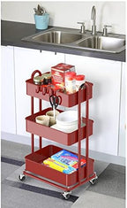 3-Tier Heavy Duty Metal Utility Rolling Cart, Red in Red, alternate view 6