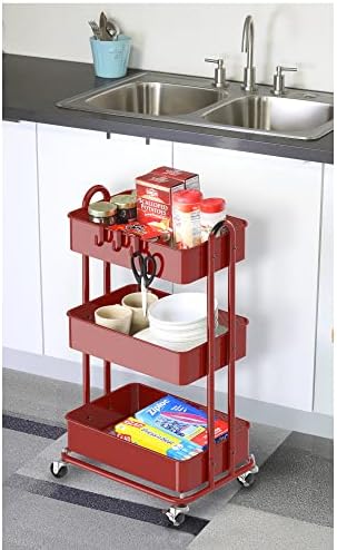 3-Tier Heavy Duty Metal Utility Rolling Cart, Red in Red, alternate view 6