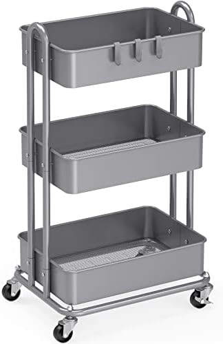 3-Tier Heavy Duty Metal Utility Rolling Cart, Silver in Silver