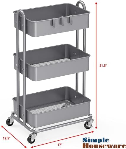 3-Tier Heavy Duty Metal Utility Rolling Cart, Silver in Silver, alternate view 3