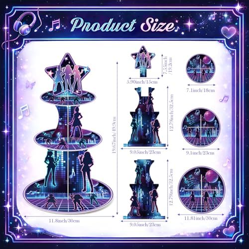 3 Tier Kpop Birthday Party Decorations Korean Pop Cupcake Stand in Purple, Black, alternate view 3