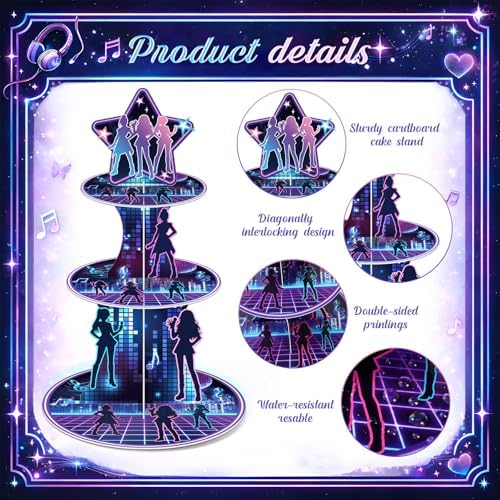 3 Tier Kpop Birthday Party Decorations Korean Pop Cupcake Stand in Purple, Black, alternate view 4