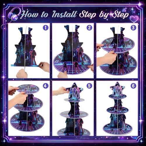 3 Tier Kpop Birthday Party Decorations Korean Pop Cupcake Stand in Purple, Black, alternate view 5