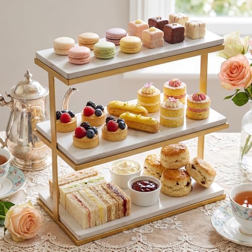 3 Tier Marble Charcuterie Board White and Gold Frame Stand in white, gold
