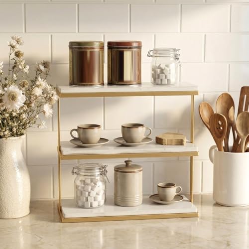 3 Tier Marble Charcuterie Board White and Gold Frame Stand in white, gold, alternate view 3