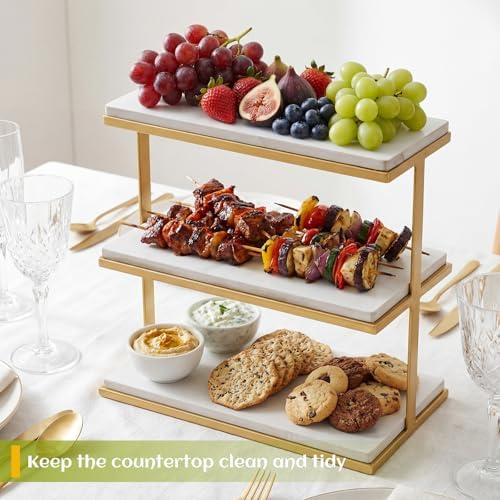 3 Tier Marble Charcuterie Board White and Gold Frame Stand in white, gold, alternate view 6