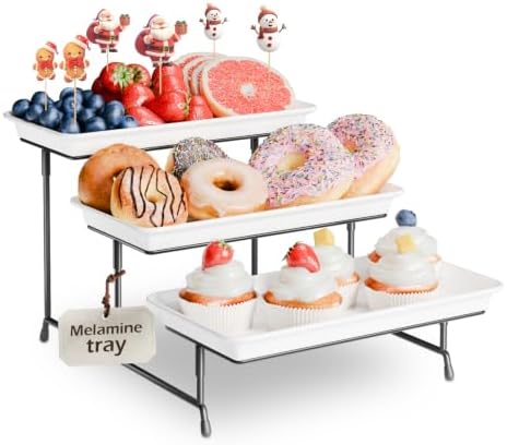 3-Tier Melamine Serving Tray Set, 11.5 x 5.6 in, Black Stand in 12 inch in Black