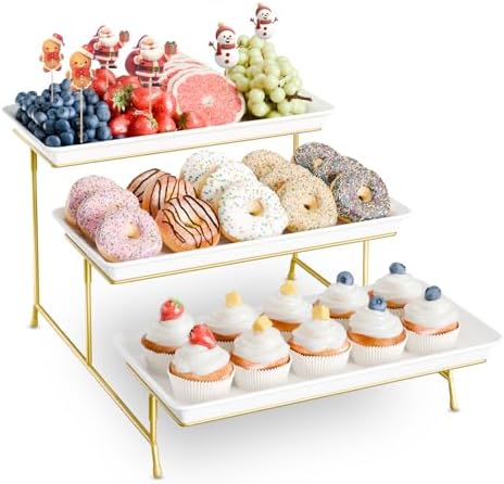 3-Tier Melamine Serving Tray Set, 14 x 7 in, Gold Stand in Gold