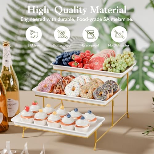 3-Tier Melamine Serving Tray Set, 14 x 7 in, Gold Stand in Gold, alternate view 4