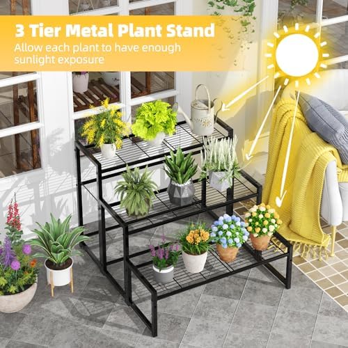 3 Tier Metal Plant Stand Outdoor Indoor Waterproof, Stackable Heavy Duty Tall Plant Shelf Flower Pot Holder for, alternate
