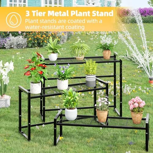 3 Tier Metal Plant Stand Outdoor Indoor Waterproof, Stackable Heavy Duty Tall Plant Shelf Flower Pot Holder for, alternate