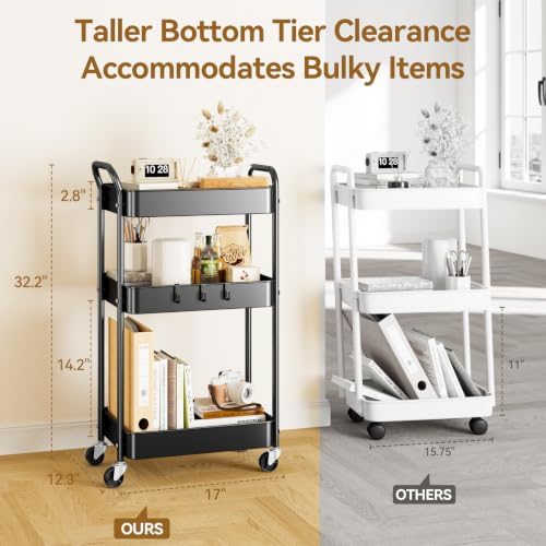 3-Tier Metal Rolling Cart Utility Carts with Wheels Black, alternate view 2
