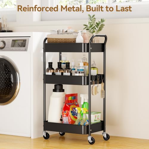 3-Tier Metal Rolling Cart Utility Carts with Wheels Black, alternate view 3