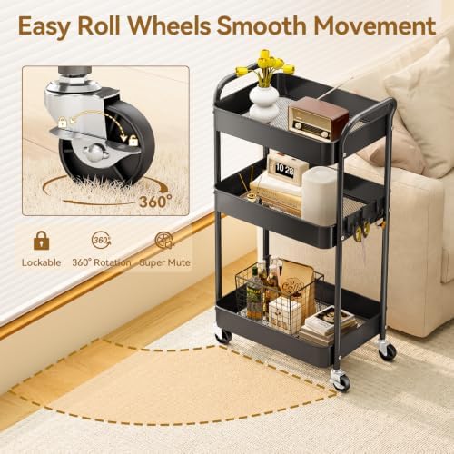 3-Tier Metal Rolling Cart Utility Carts with Wheels Black, alternate view 4
