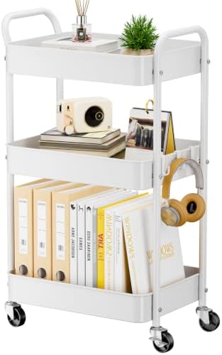 3-Tier Metal Rolling Cart Utility Carts with Wheels White