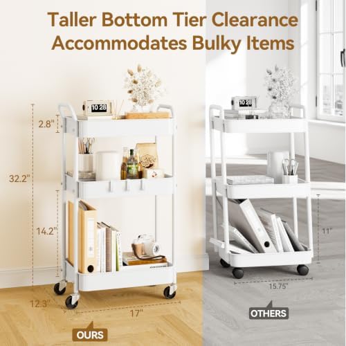 3-Tier Metal Rolling Cart Utility Carts with Wheels White, alternate view 2